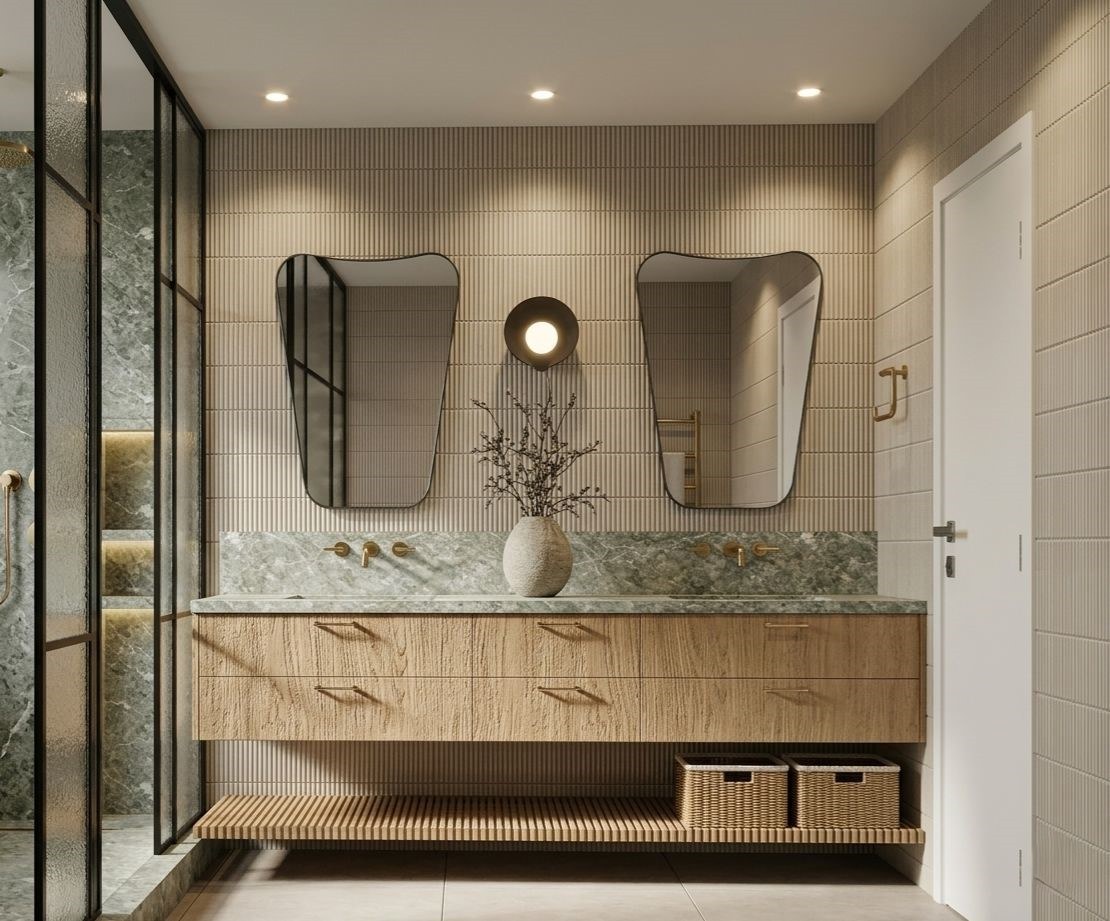 Render Genius — banheiro com marmoraria verde