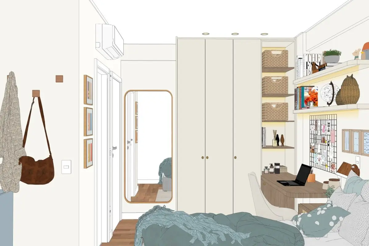 Modelagem SketchUp — quarto com armários e espelho