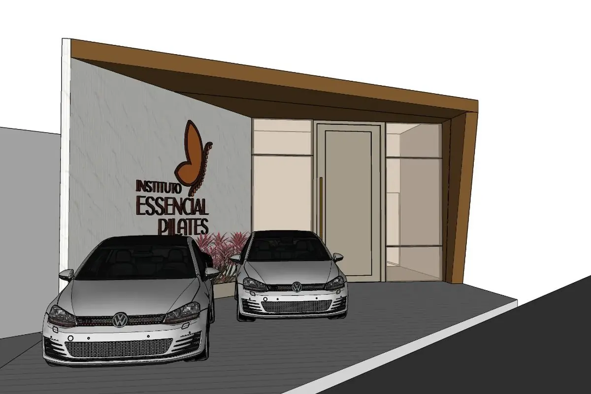 Modelagem SketchUp — fachada comercial de estúdio de pilates