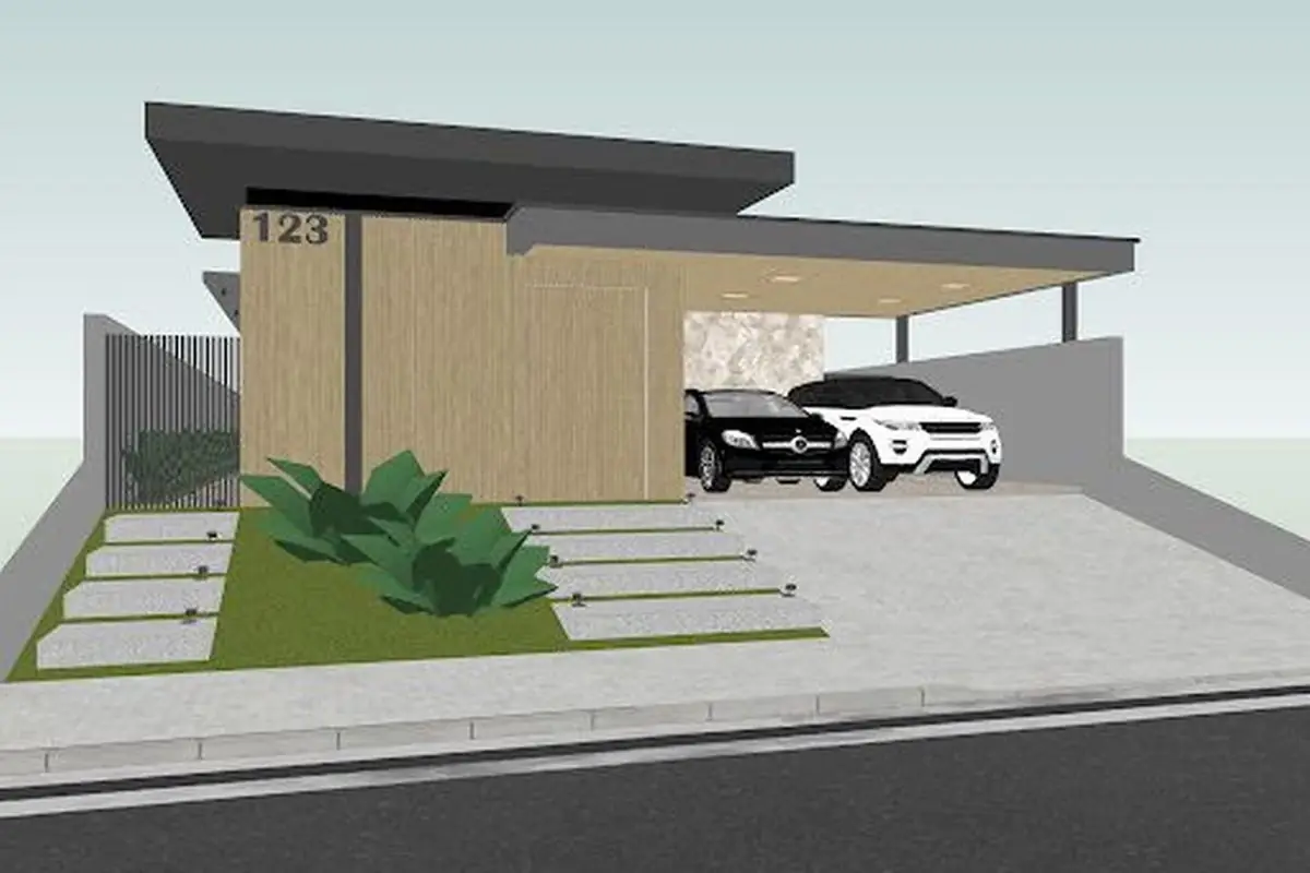 Modelagem SketchUp — fachada residencial com carport
