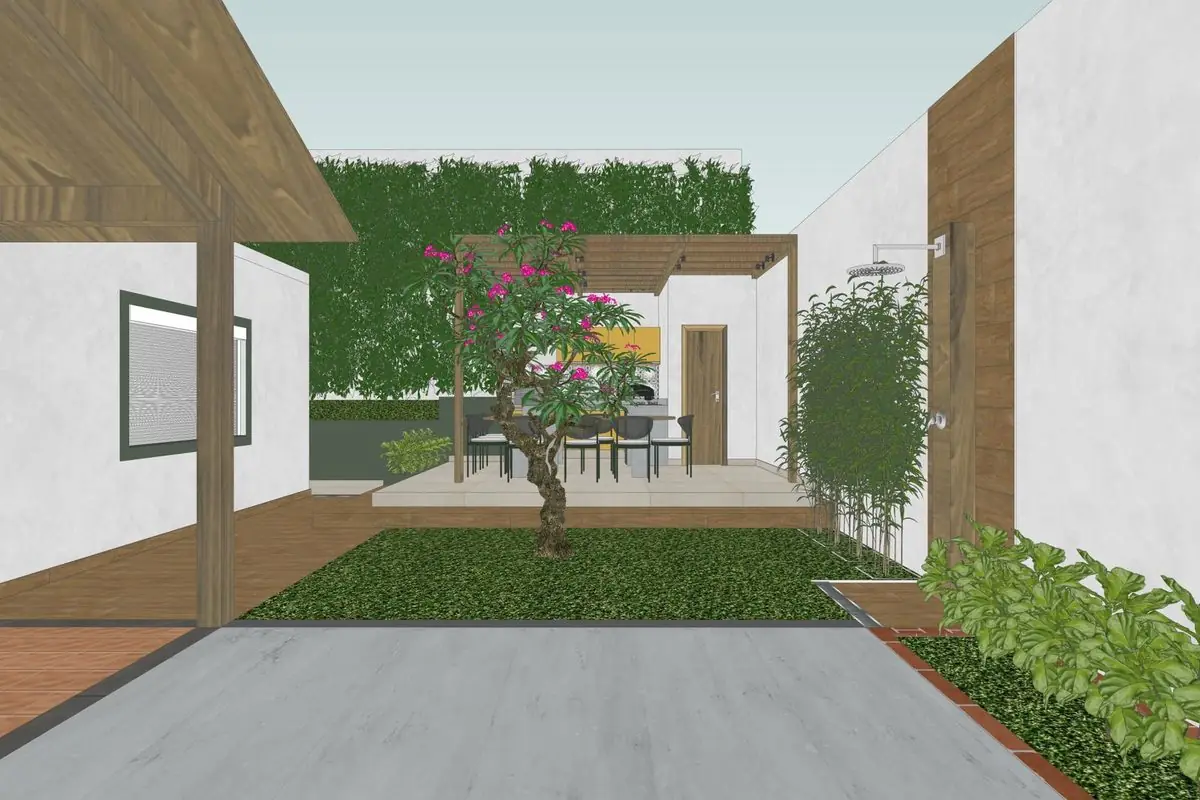 Modelagem SketchUp — pátio com pergolado