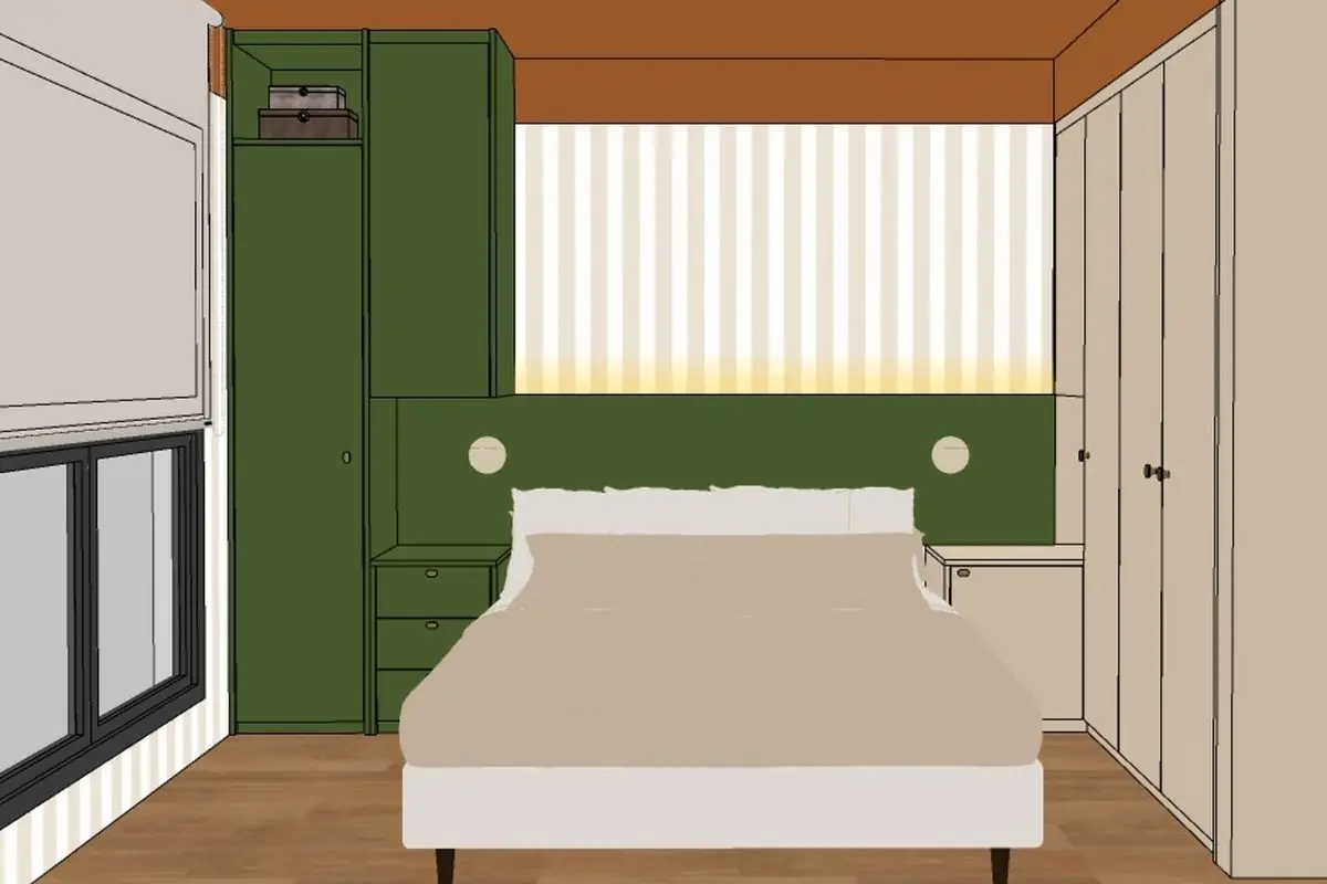 Modelagem SketchUp — quarto com marcenaria verde