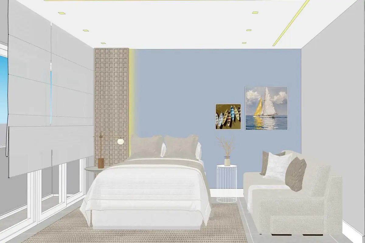 Modelagem SketchUp — quarto com vista para o mar