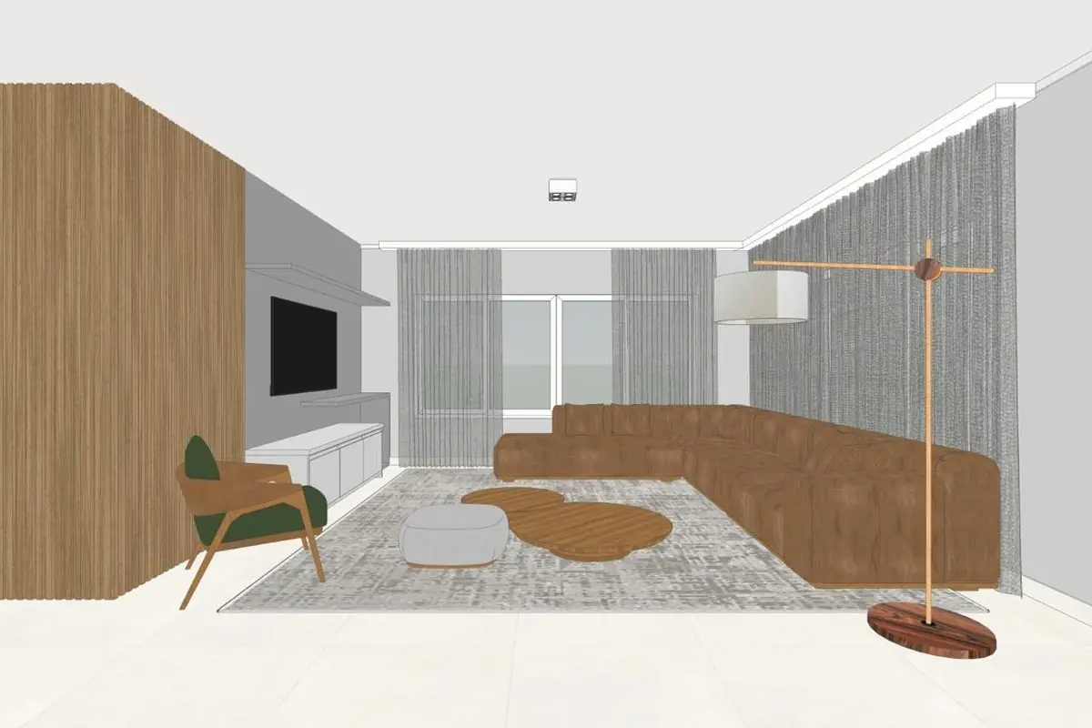 Modelagem SketchUp — sala de estar com sofá de couro