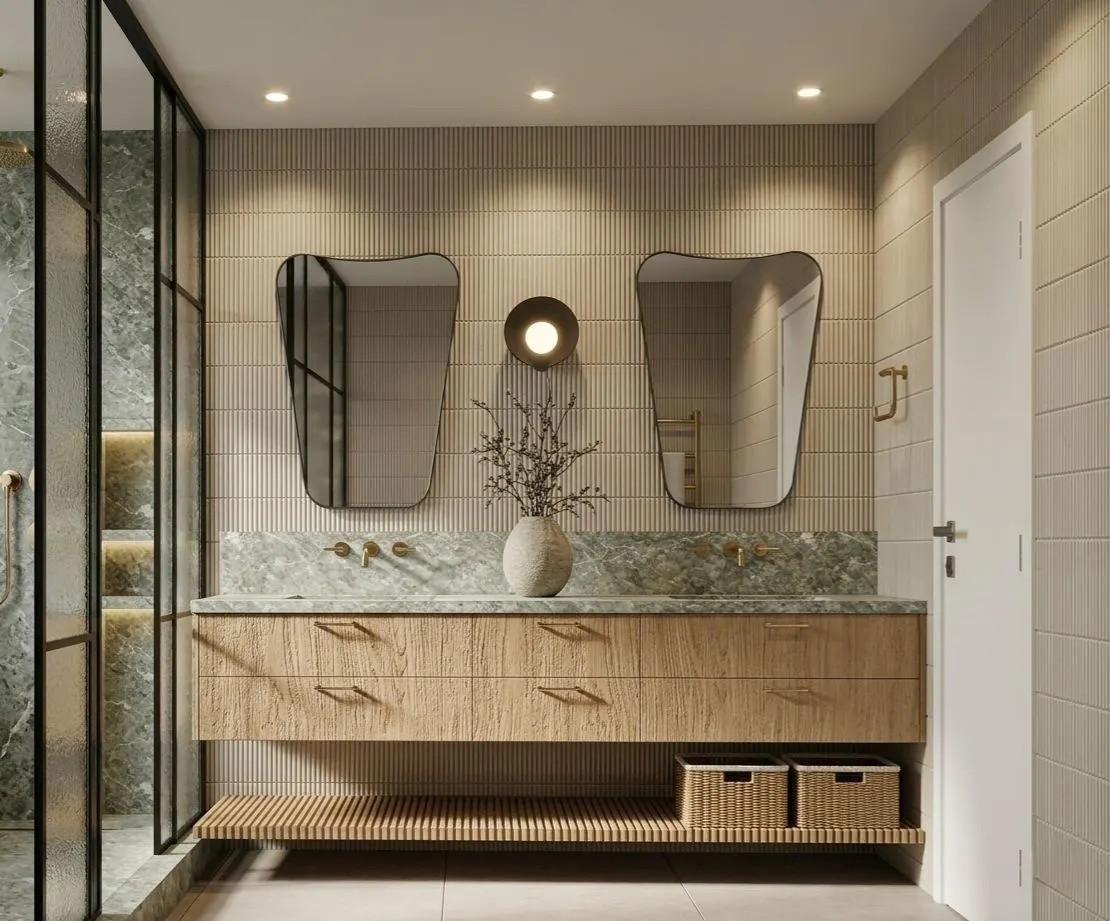 Render Genius — banheiro com marmoraria verde