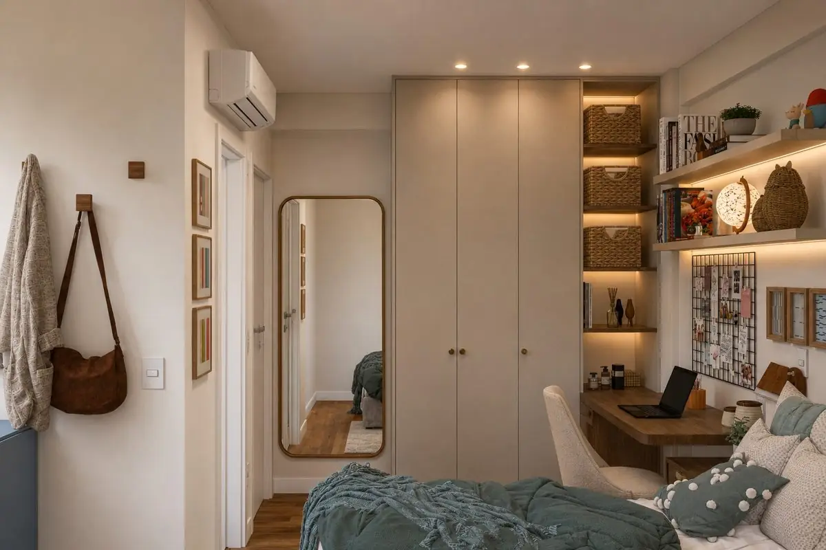 Render Genius — quarto com armários e espelho