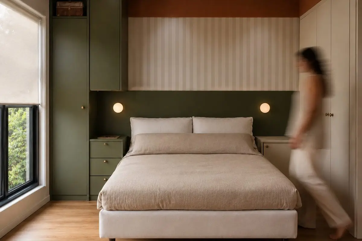 Render Genius — quarto com marcenaria verde